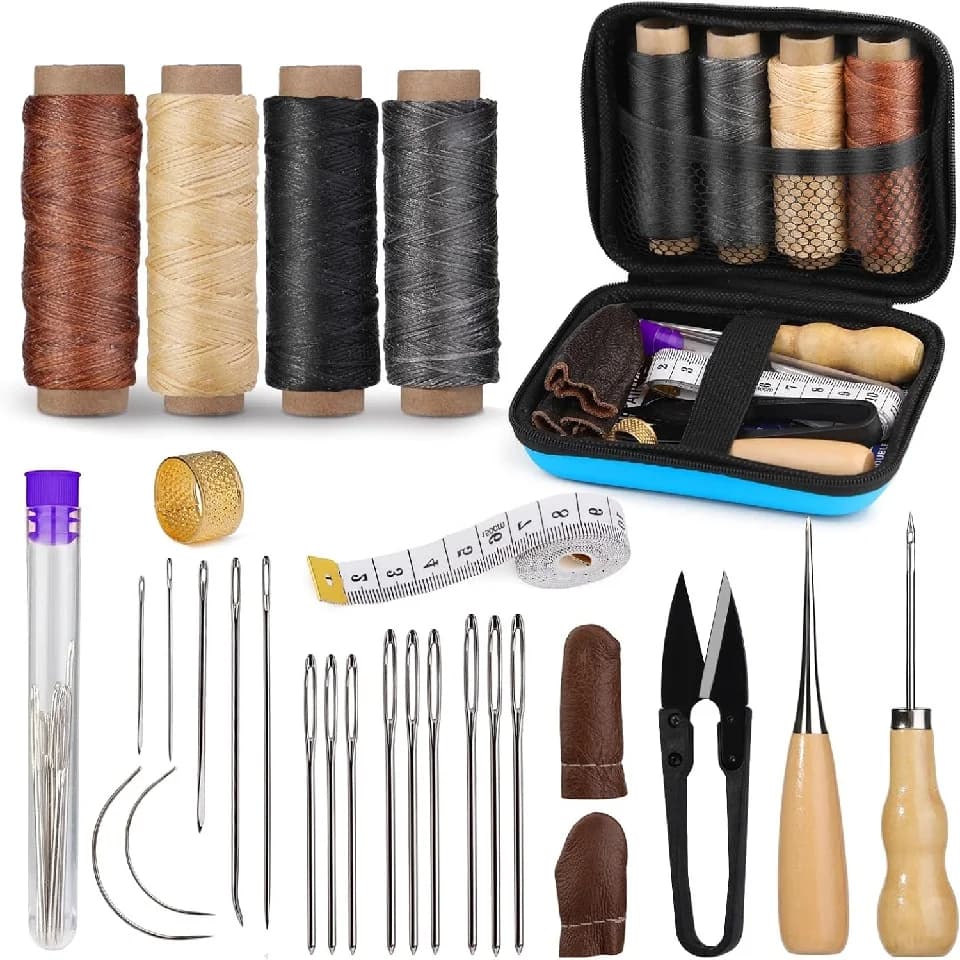 BUDDUR Kit di strumenti per cucire in pelle con filo cerato e aghi Punteruolo Set di strumenti professionali per accessori artigianali fatti a mano in pelle fai-da-te