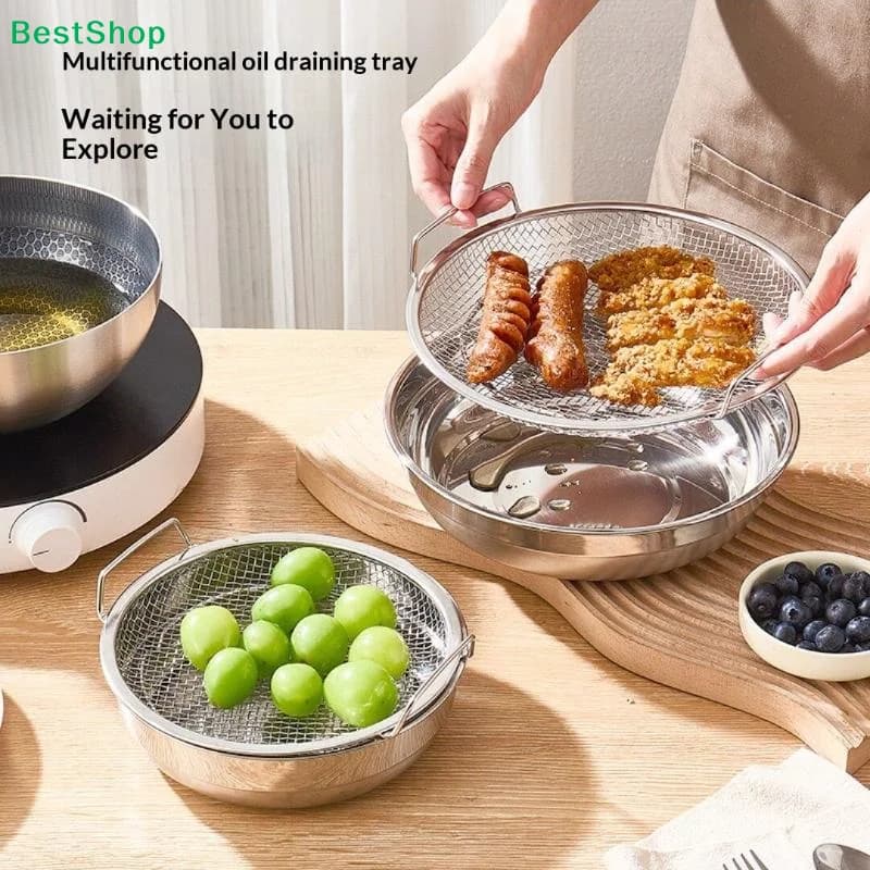 ★1/2Pcs Air Fryer BBQ Filter Premium Stainless Steel Oil Strainer With Tray Frying Net Sieve Food Drainer