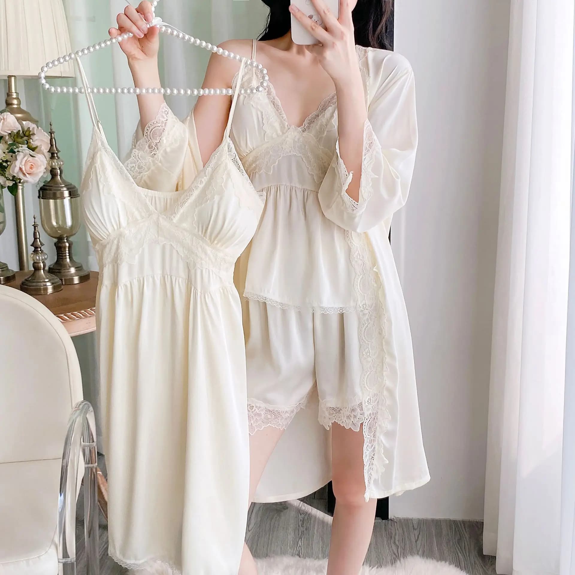 Women's Pijama Set 4 Sexy Pieces with Pizzo, Extiva Satin Vigil, Complete Casual Pijama Comfortable for Home and Relax