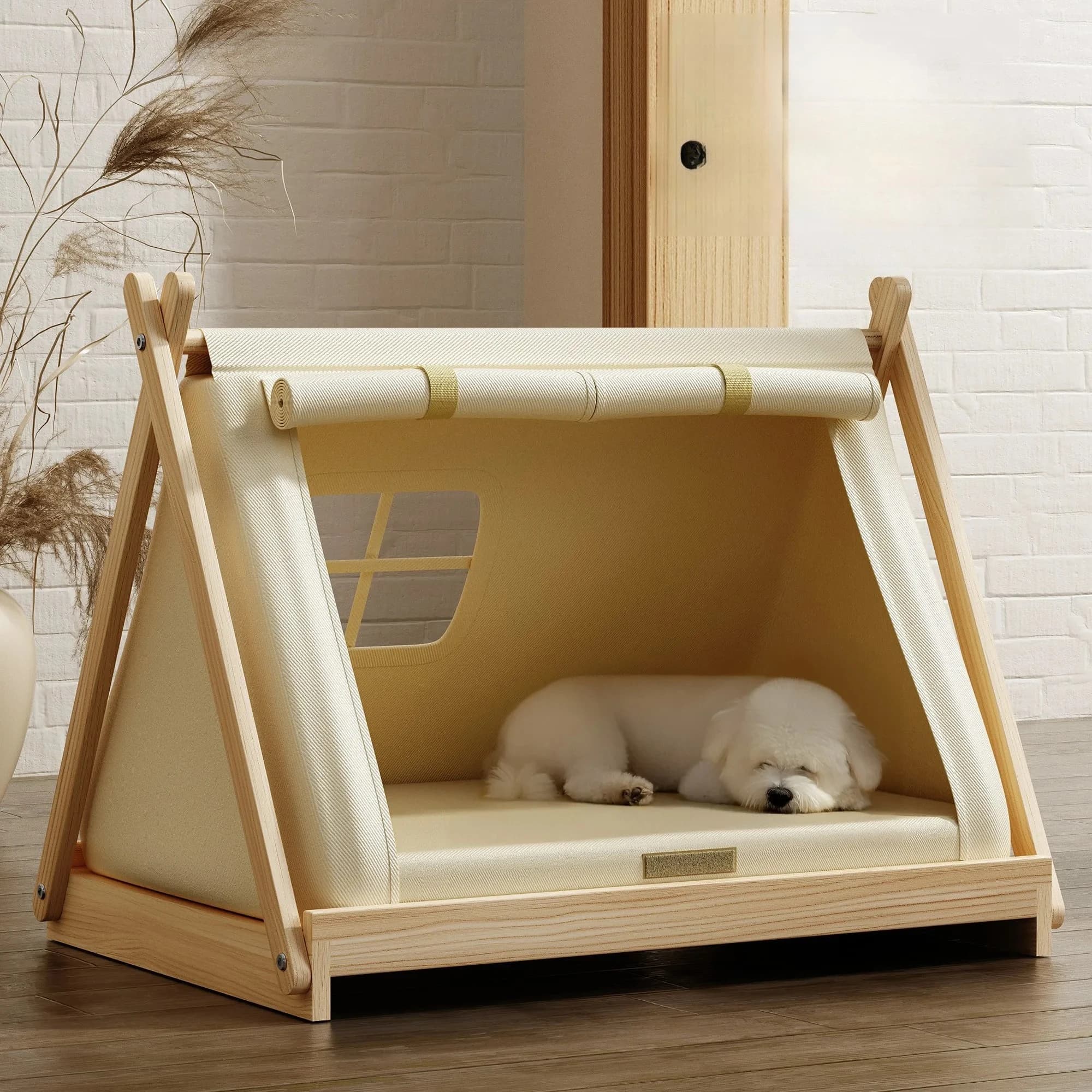 Cuccia rialzata in legno per cani con tenda, casetta chiusa per Bichon