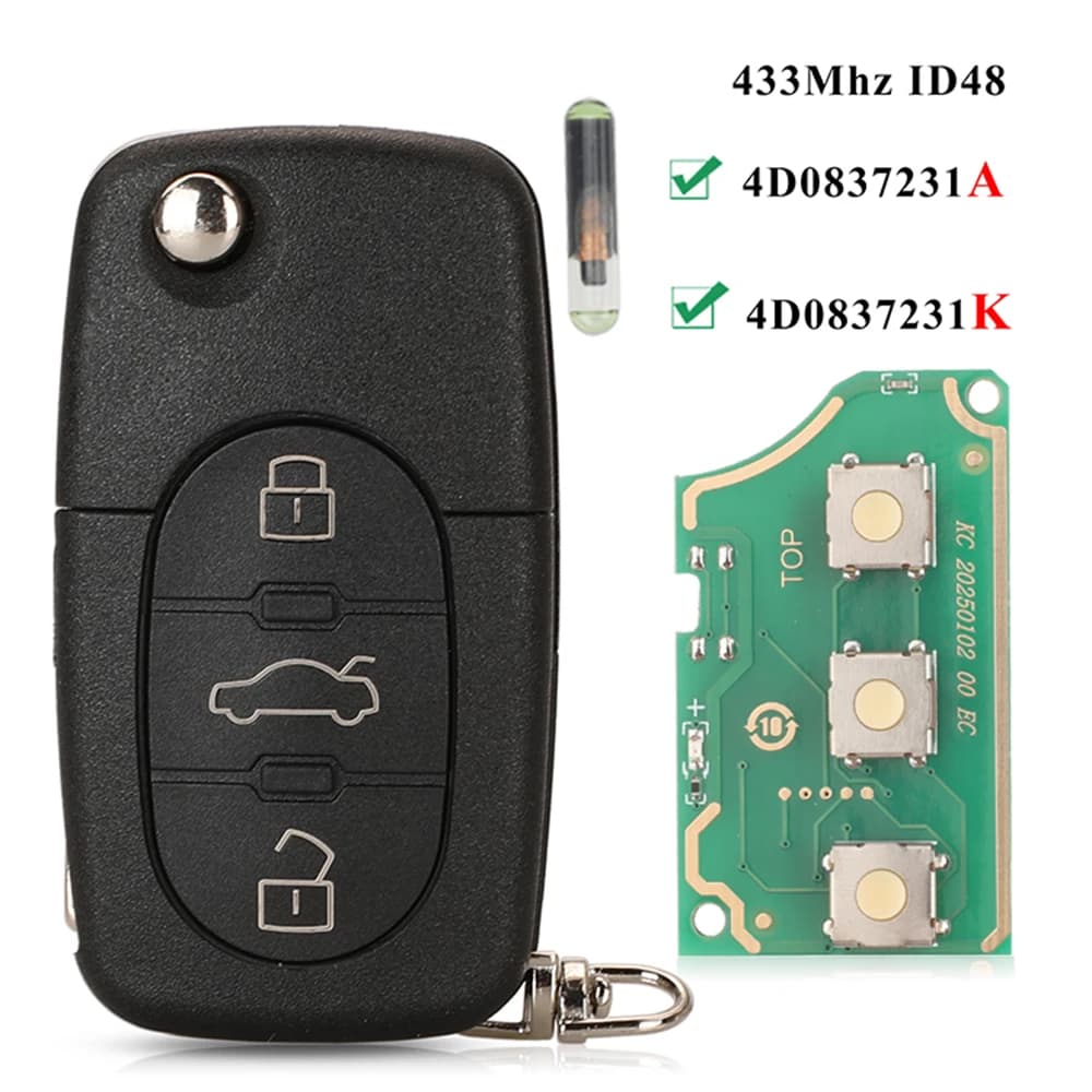 Jingyuqin 4D0837231A 433Mhz ID48 3 Tasto Chiave A Distanza Dell'automobile per AUDI di Vibrazione Fold Chip per A3 A4 A6 A8 vecchi Modelli