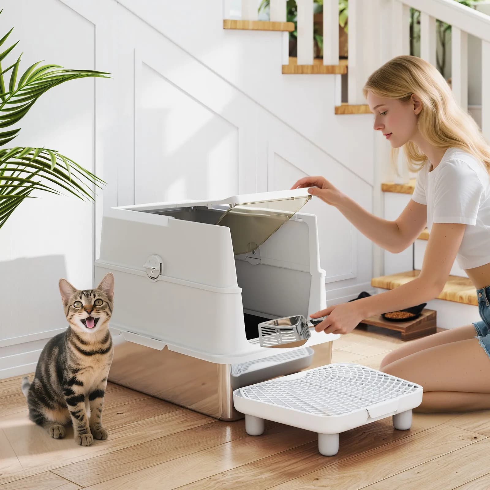 Stainless Steel Cat Litter Box with Lid, XL Extra Large Enclosed Litter Box