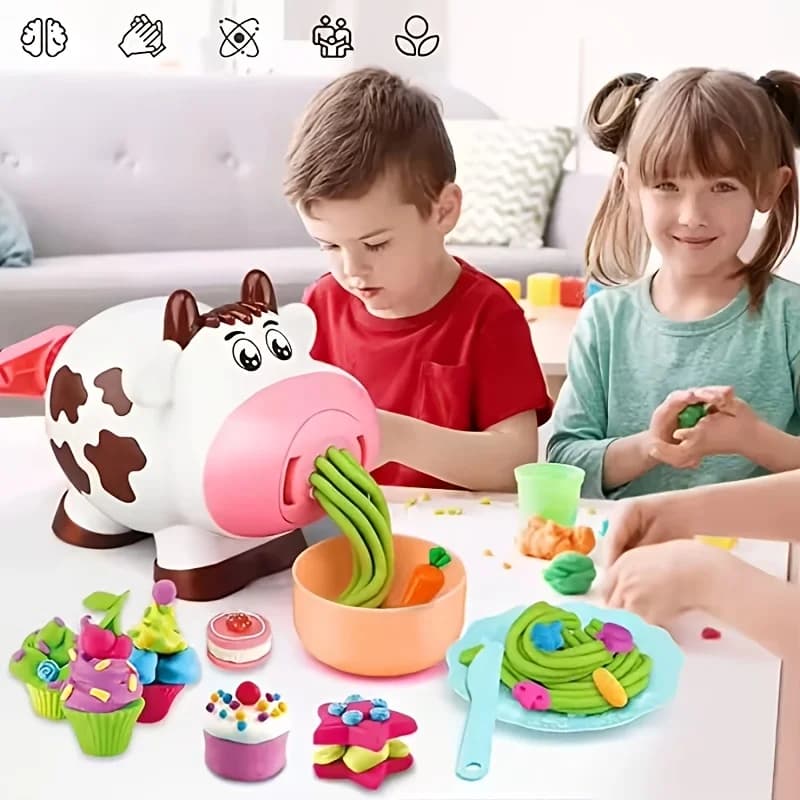 Cow Play Dough Noodle Machine, 8 Colors Clay with Molds, DIY Pretend Kitchen Craft Toy Kids Birthday Gift