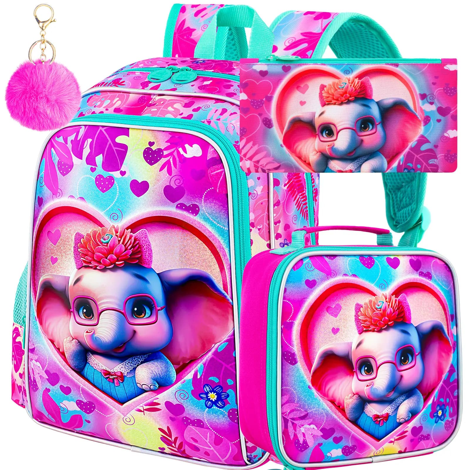 3Pcs 16‑Inch Girls Backpack Set, Lovely Heart Elephant Children School Bag Kit With Pouch For Girls School Daily Weekend Trip Us
