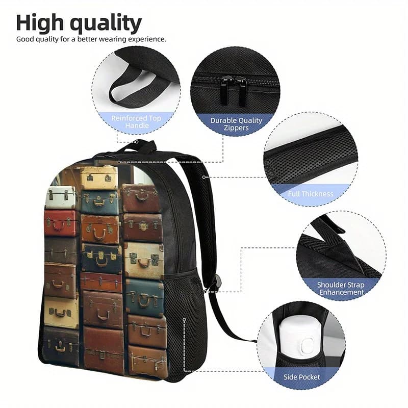 Backpack Retro Flat Printed, Travel Backpack, School Backpack for Boys, Design Stackable Style Backpack, Light Shoulder Bag for Excursions and Travel