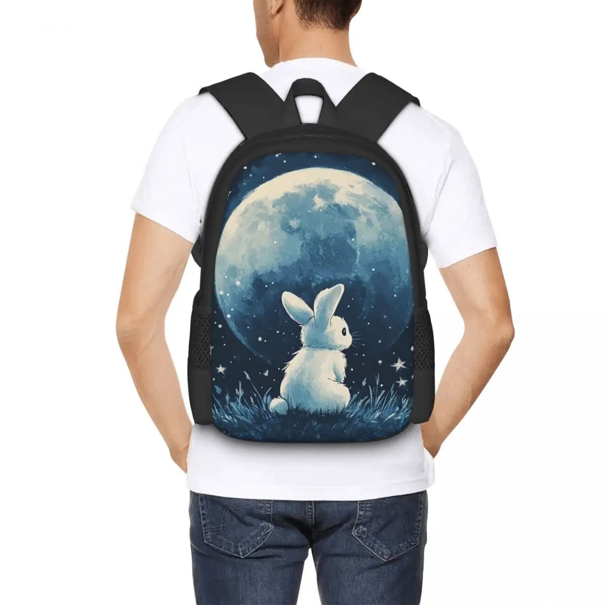 Zaino da scuola per studenti con simpatico coniglietto spaziale, borsa da viaggio per escursioni, zaino da giorno per uomo e donna, borsa a tracolla alla moda