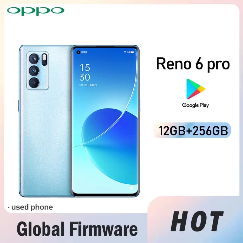 Smartphone OPPO Reno 6 Pro 5G con firmware globale, processore MTk Dimensity 1200, 12GB di RAM, 256GB di memoria, fotocamera posteriore da 64MP, batteria da 4500mAh, telefono usato.
