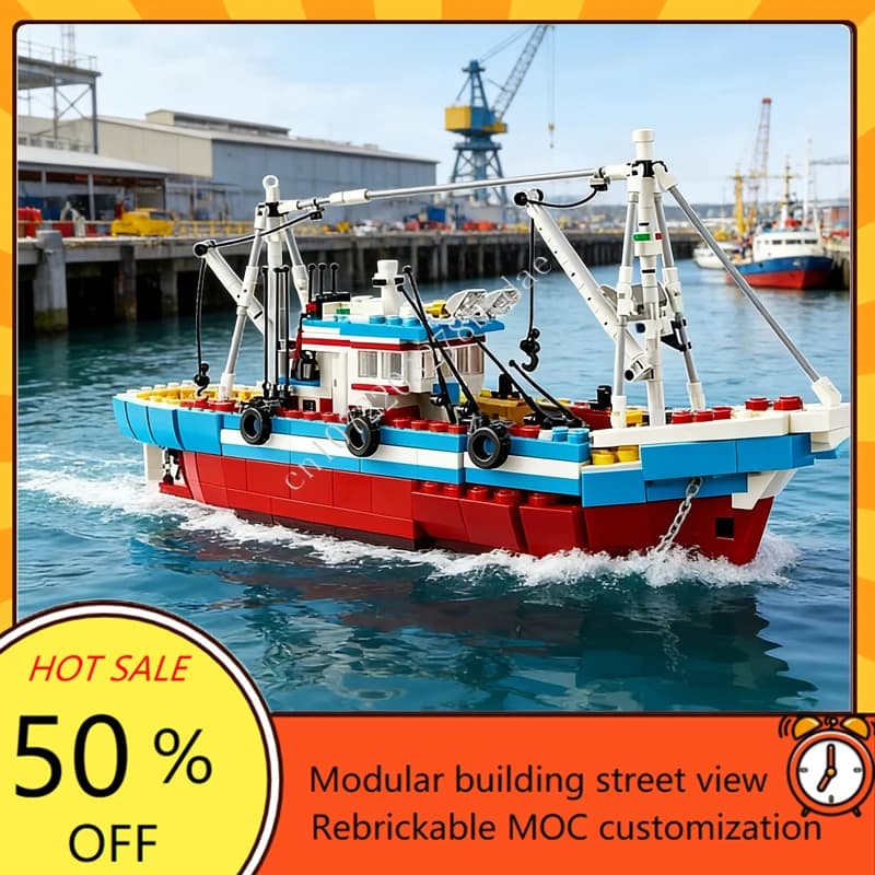 Modellino Personalizzato 1600 Pezzi MOC-910010 Grande Barca da Pesca, Puzzle Creativo Street View, Modello Architettonico da Assemblare, Giocattolo Regalo
