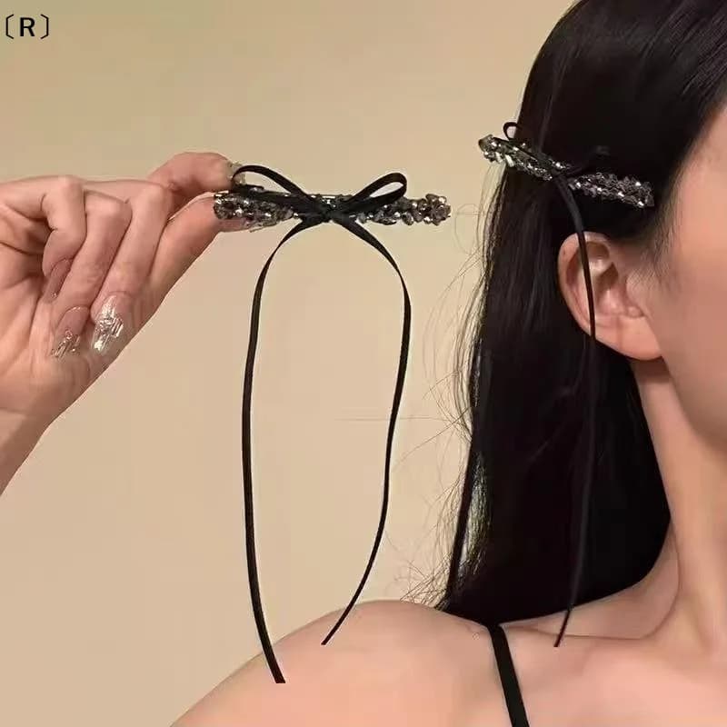 〔R〕Crystal Ribbon Bow Hair Clip Elegant Bangs Clip Duckbill Clip Light-luxury Hair Acces Female Jewelry