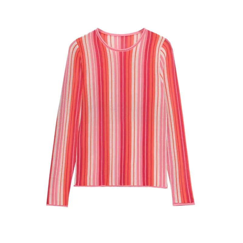 Withered Long Sleeved Round Neck Casual Fine Needle Striped Knitted Sweater For Women T-shirt Woman Clothes Female Clothing
