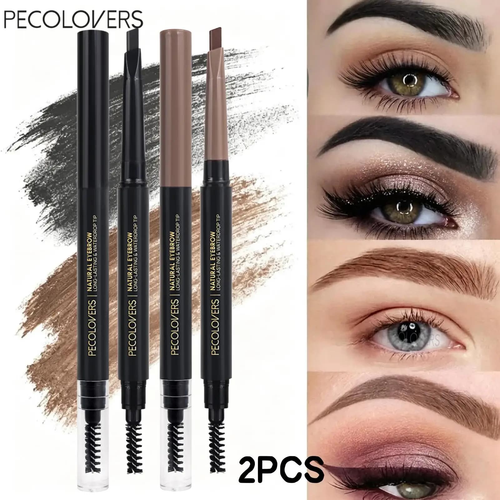 2PCS Long Lasting Waterproof Eyebrow Pencil Set, Dual-Tip, Triangular Tip with Brush Smooth and Long-lasting, Easy to Apply