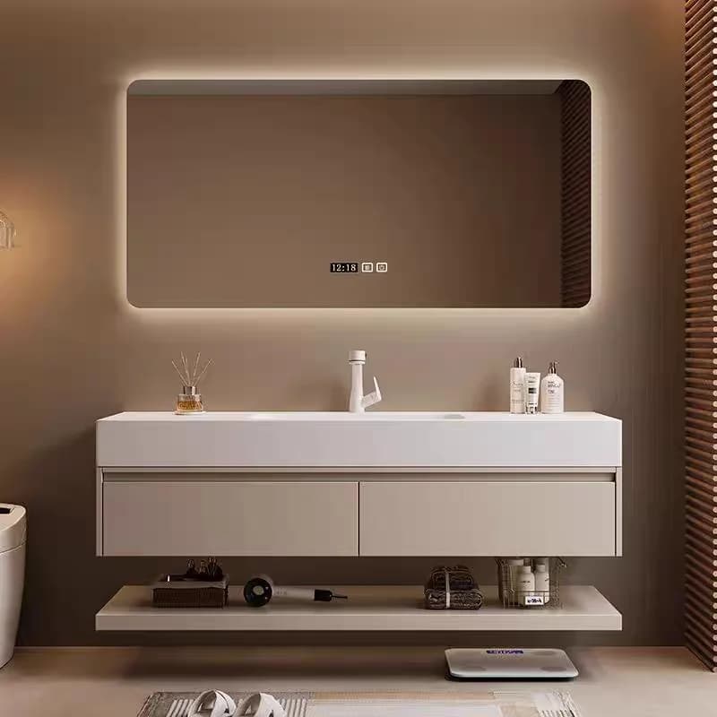 Mobile lavabo in quercia, mobiletto da bagno separato, specchio da bagno combinato, lavabo in lastra di roccia di lusso color crema