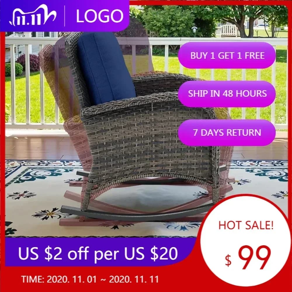 Outdoor shower chair in wicker with pillow, single-piece garden furniture for terrace, porch or balcony, brown/blue