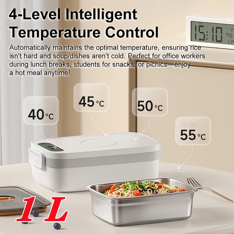 Scatola Pranzo Elettrica Wireless da 1000ml con 4 Impostazioni di Temperatura, Pentola Interna Rimovibile in Acciaio Inox 304, Ricaricabile e Isolata