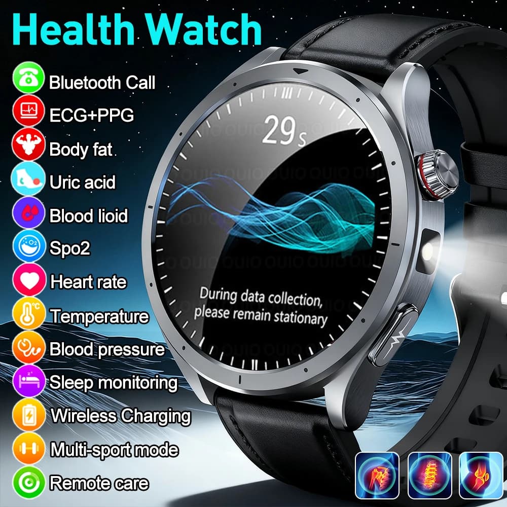 2025 New ECG health detection + PPG Blood uric acid Oxygen body analysis Smart watch Bluetooth called BT Smart Watch for Men