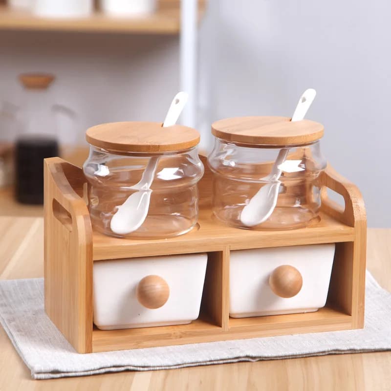 Barattolo per condimenti in ceramica con struttura in legno a doppio strato, vaso per olio, bottiglia di sale, scatola per condimenti, set di barattoli per spezie, strumento per riporre la cucina
