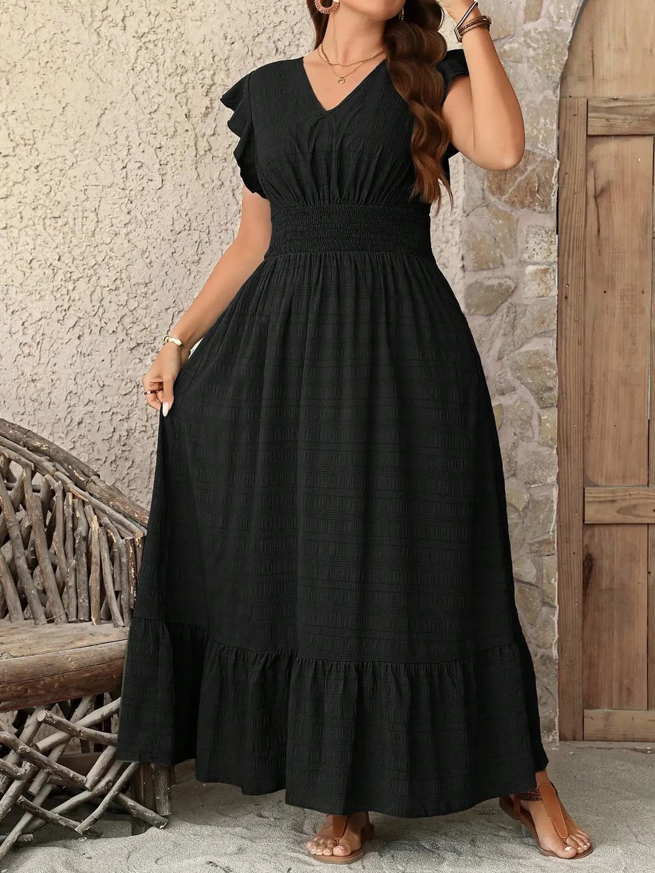 Black V-Neck Ruffle Sleeve Flowy Maxi Dress With Elastic Waist
