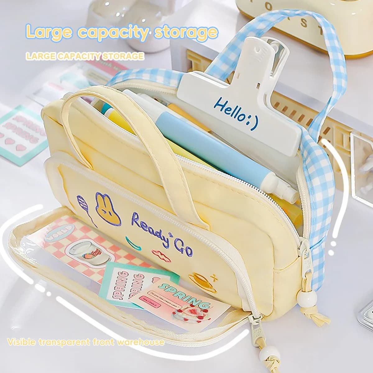 Astuccio multifunzionale di grande capacità, design pieghevole Kawaii a doppio colore, cancelleria scolastica a 3 strati per studenti
