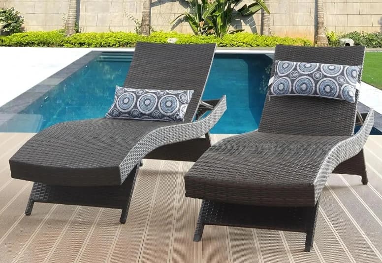 L 79'' Long Reclining Chair Set Of 2 With Cushions, Chaise Lounge Wicker Reclining Lounge Chair, PE Rattan Chaise Lawn Sunbathin