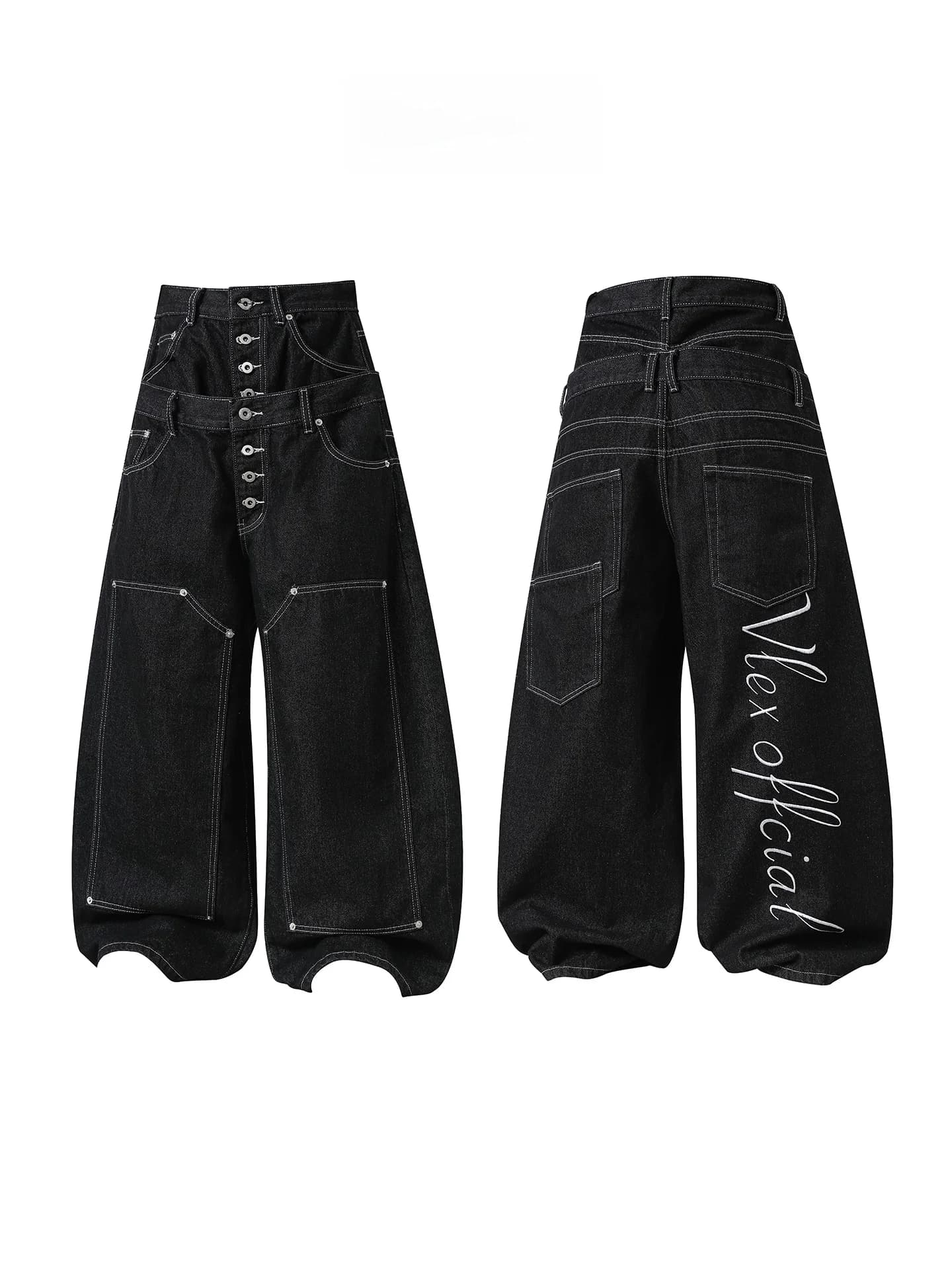 Free Center American Style Double Waist Jeans Men Women Cotton Stretch Denim Embroidered Lettering Casual Loose Fit Jeans
