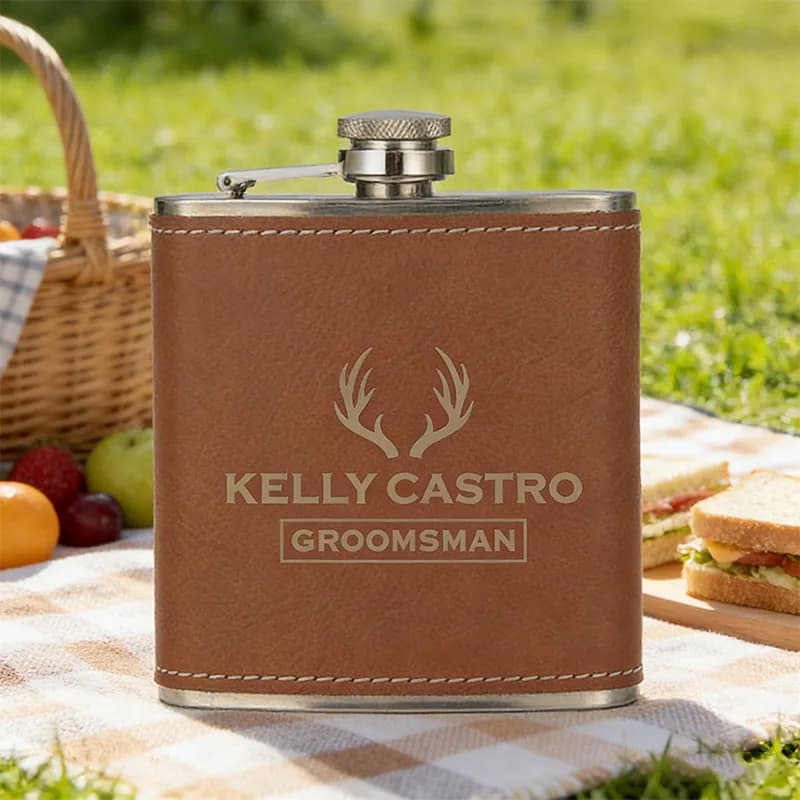 Custom Hip Flasks for Men with Black Leather Cover, Personalized Stainless Steel Wine Bottle for Men Gifts 8Oz