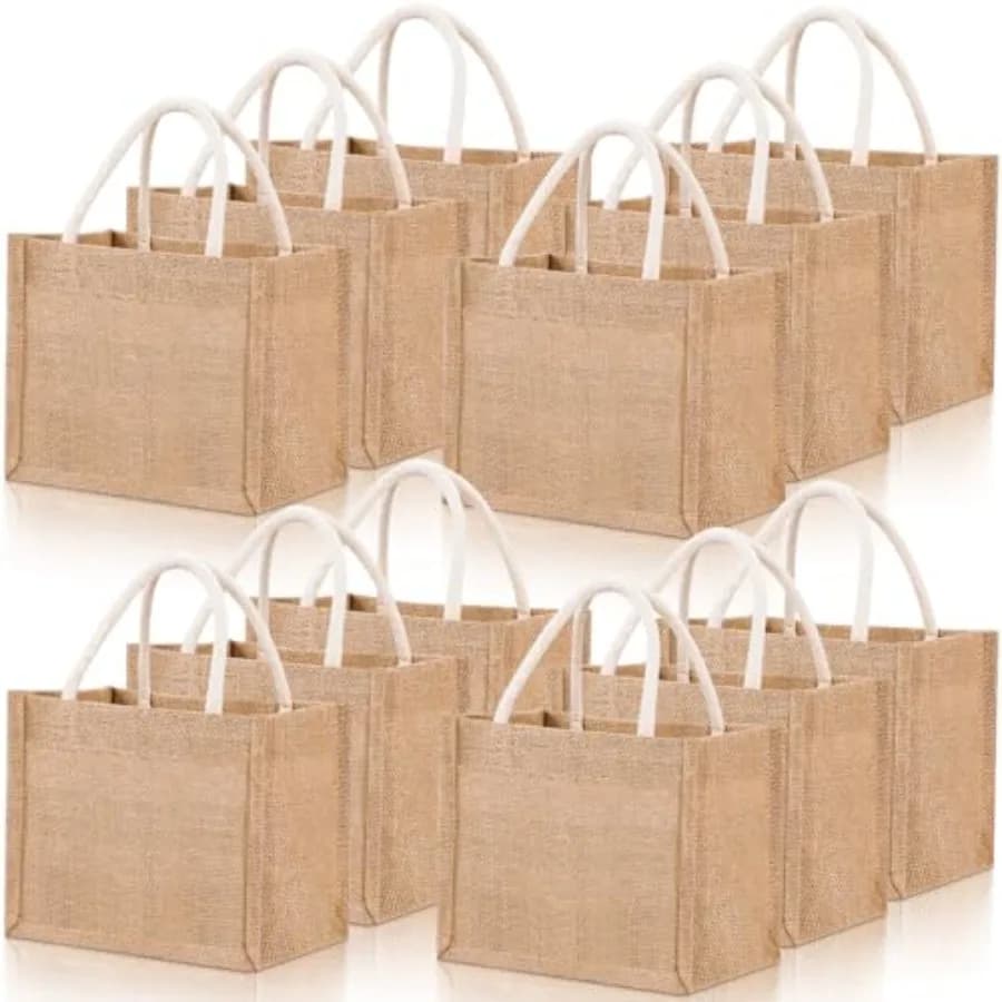 Cunno Set di 12 Mini Borse in Iuta Riutilizzabili con Manici, Piccole Borse in Tela Vuote Impermeabili per Regali, Matrimoni, Spiaggia, Fai-da-Te