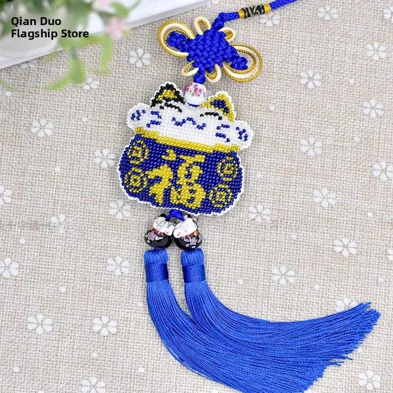 Nuovo Design Kit Fai-da-Te per Ornamento da Appendere in Ceramica con Ricamo a Punto Croce Blu e Doppio Beccuccio, Decorato con Perline Fatte a Mano