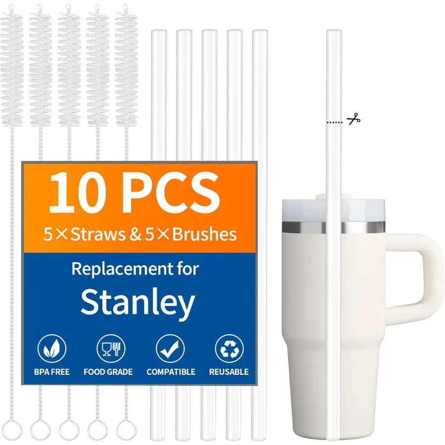 Confezione da 10 cannucce di ricambio per Stanley Queher 14 20 once Confezione da 5 cannucce riutilizzabili in plastica trasparente con confezione da 5 spazzole per pulizia Food Gra