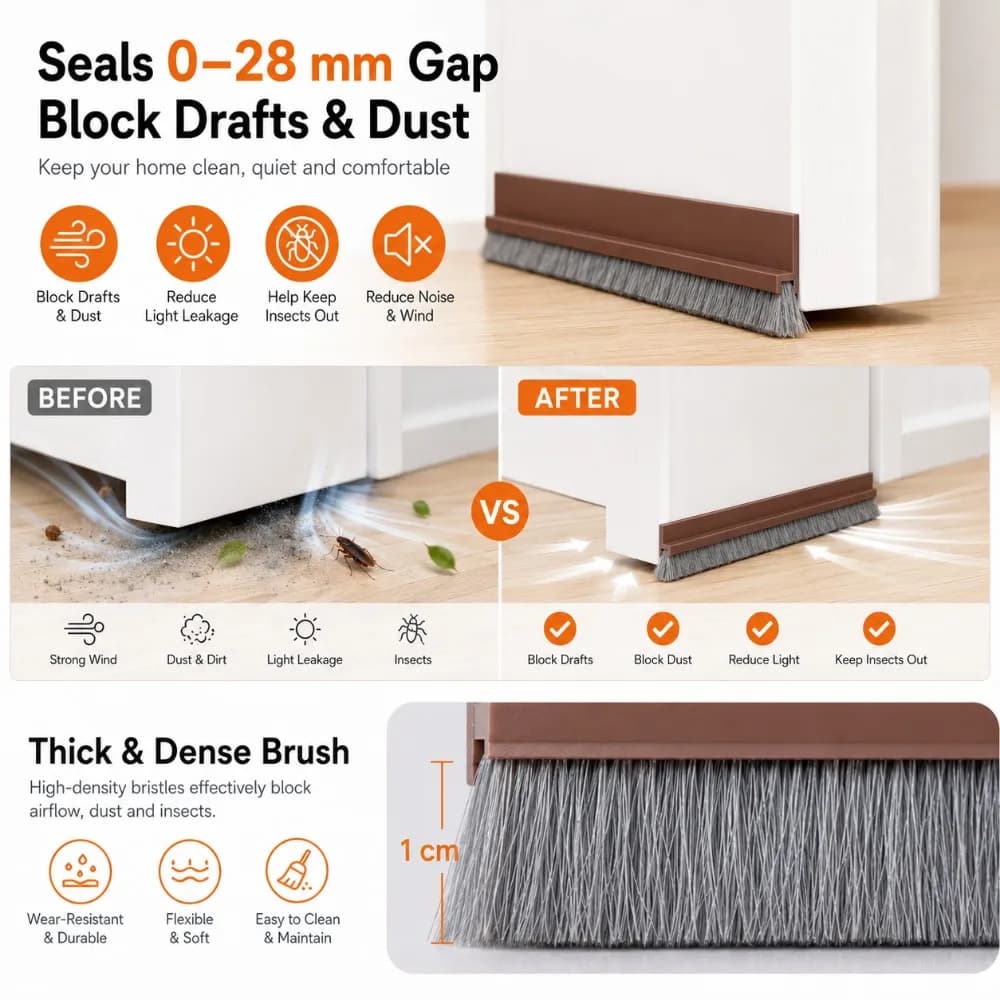 Self Adhesive Door Bottom Seal Strip 100CM Brush Weatherstrip Insectproof Soundproof Gaps Blocker for Home Windows Doors Use