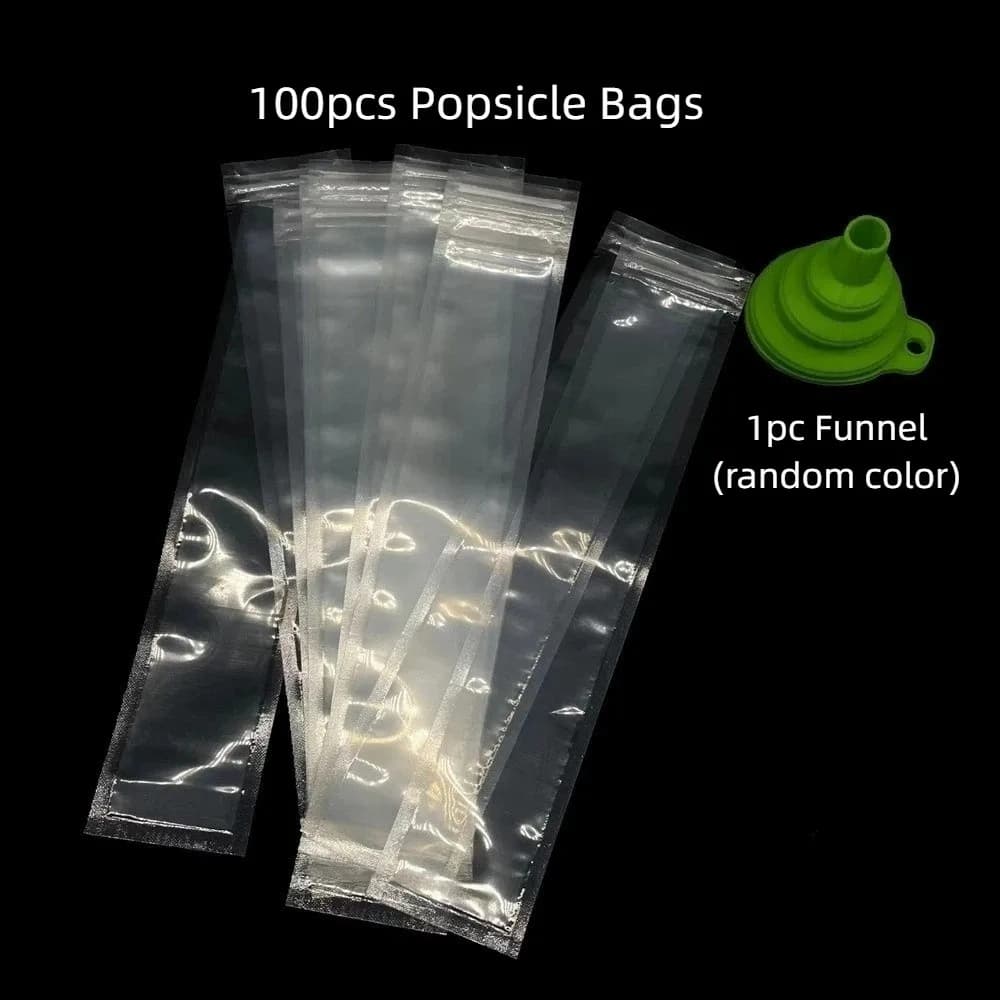 100 Sacchetti Trasparenti Monouso per Ghiaccioli, Grado Alimentare, Anti-perdita con Imbuto, Sacchetti per Ghiaccio Autosigillanti, Stampo Portatile per Cubetti di Ghiaccio