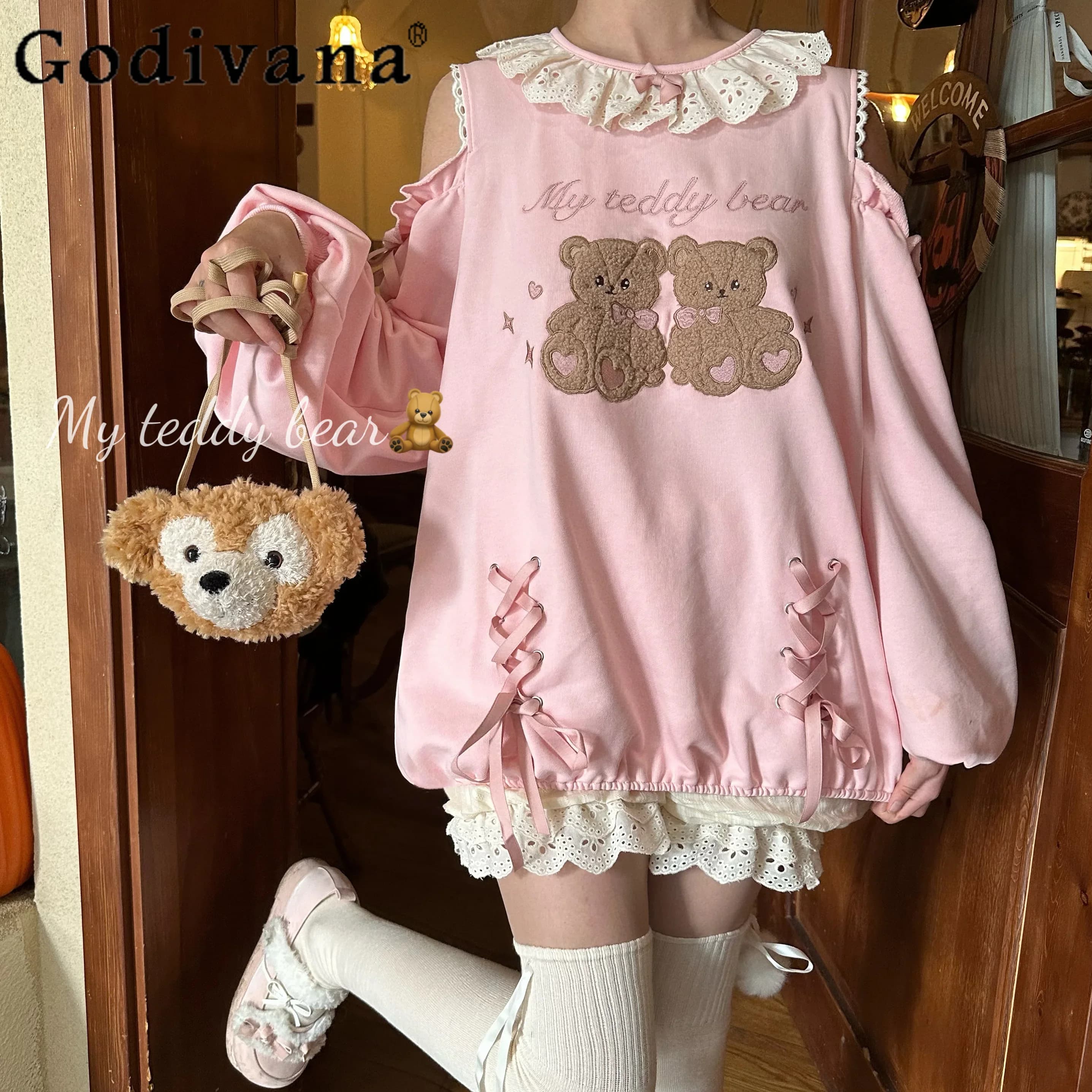 Felpe con cappuccio rosa Kawaii in stile giapponese originale Felpe da donna carine ragazze dolci allentate con spalle scoperte Top a maniche lunghe autunno nuovo