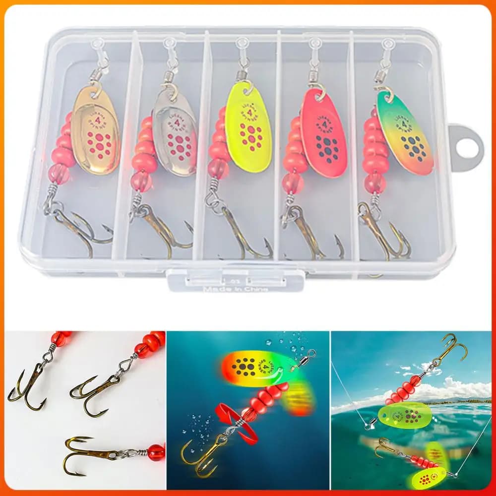 Set of 5 Rotating Metallic baits with Toolbox, Artificial Fishing baits for Persian and Puppy