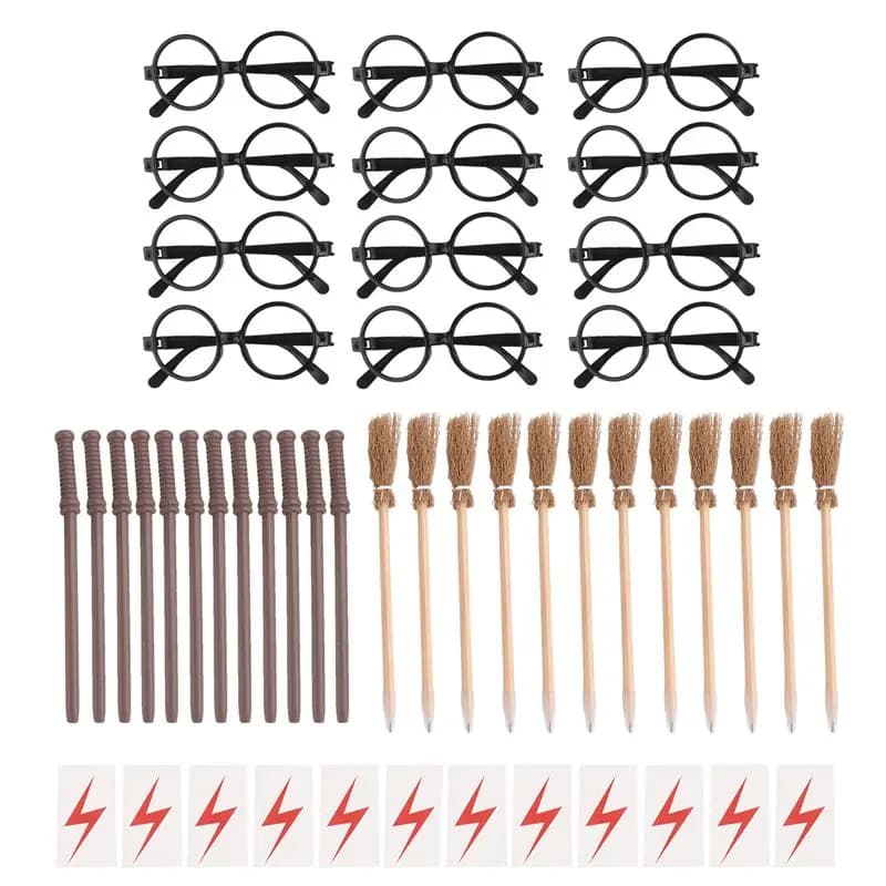 AA63 HOT Wizard Party Set Kit Witch Broom Pencils,Wizard Glasses With Round Frame No Lenses,Lightning-Pattern Bolt Temporary Tat