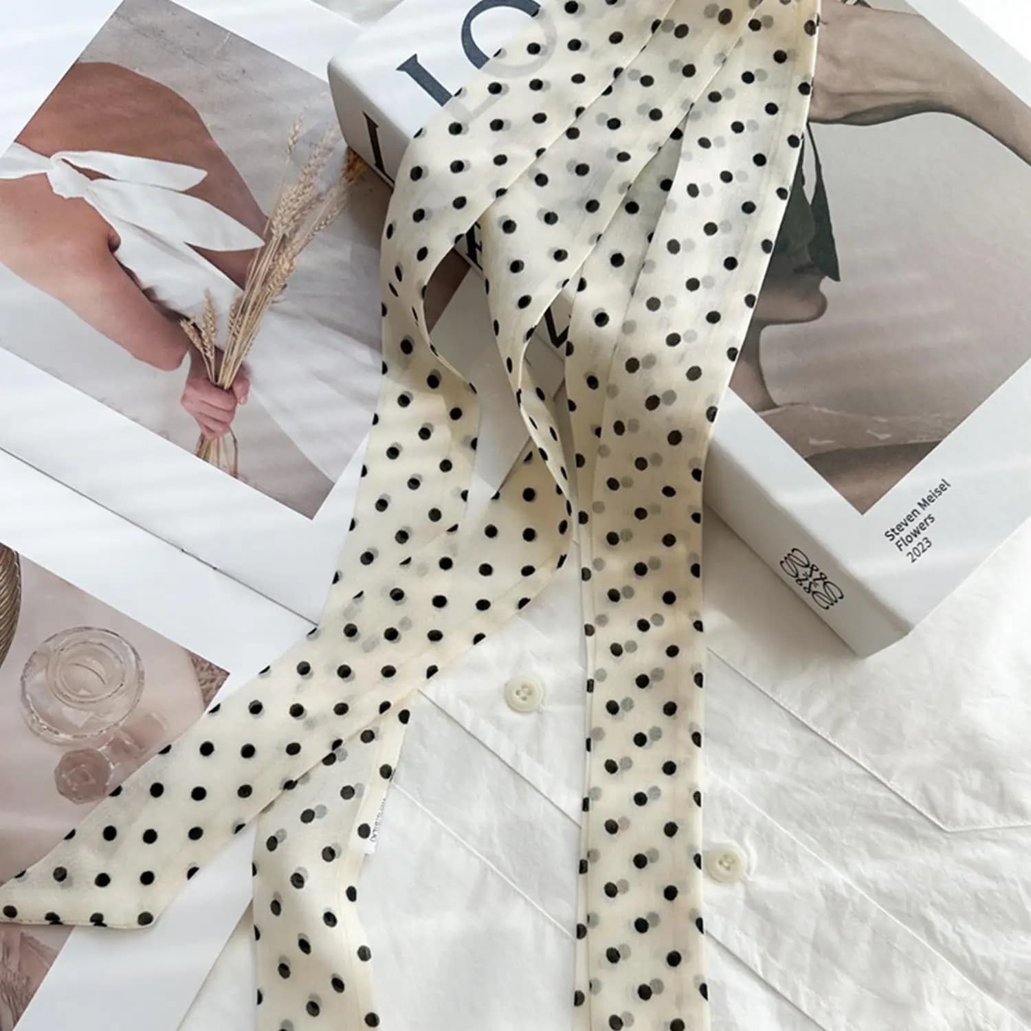 Sciarpa lunga stretta da donna 150x4 cm Borsa con cravatta a pois Nastro Fascia per capelli Girocollo Streamer Accessori da donna