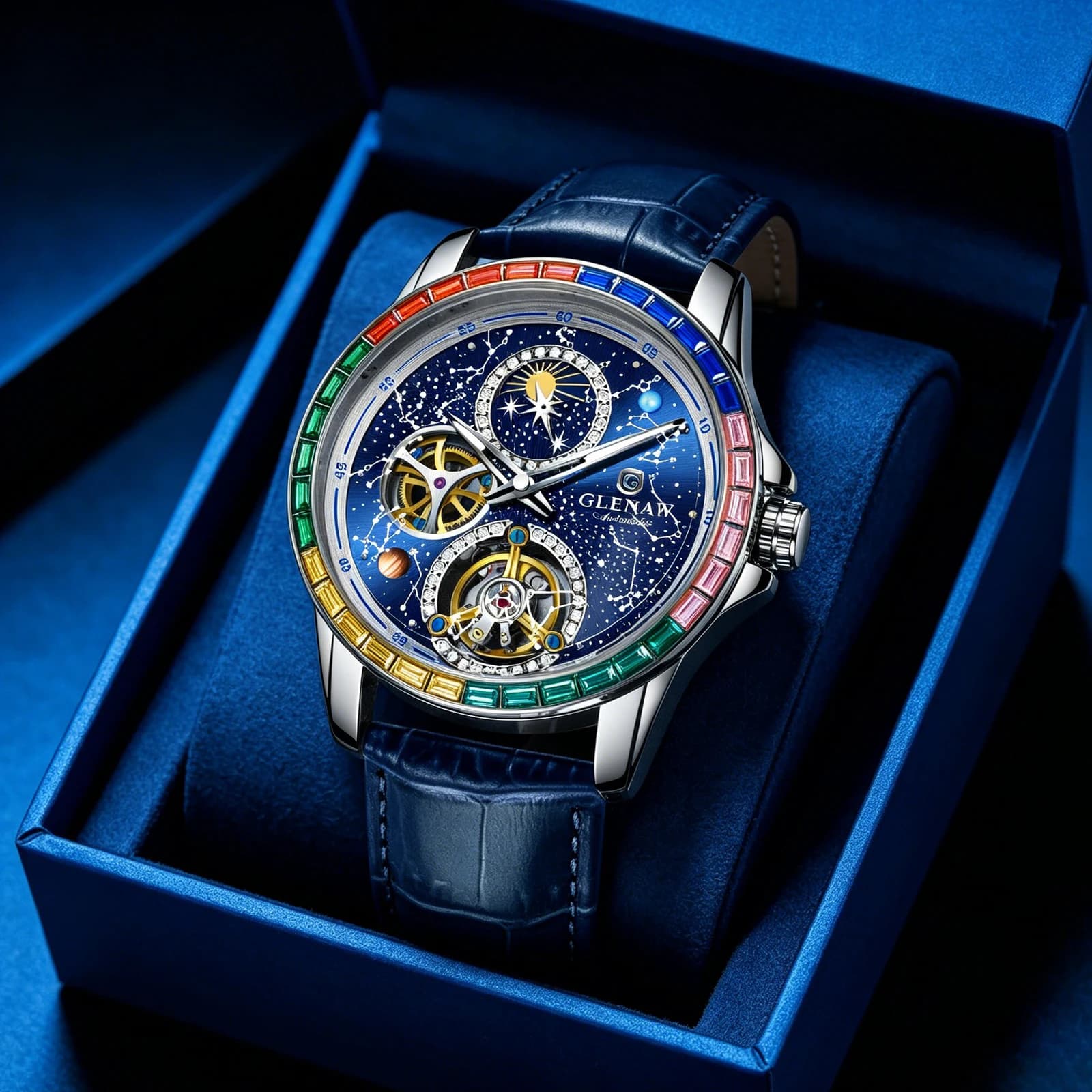 GLENAW 2025 New Design Rainbow Circle Mechanical Watch Men Constellation dial Night Light Waterproof Top Luxury Mechanical Watch