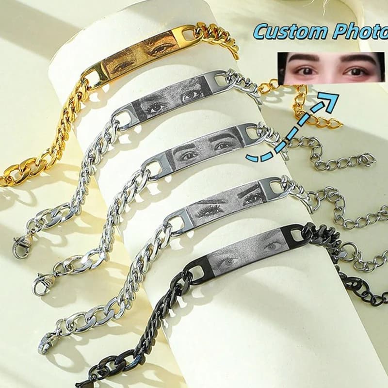 Custom Bracelet with Cuban Chain and Eye Photos, Custom Bracelet for Couples, Laser Engraved Eye Earrings, Gift for Boyfriend
