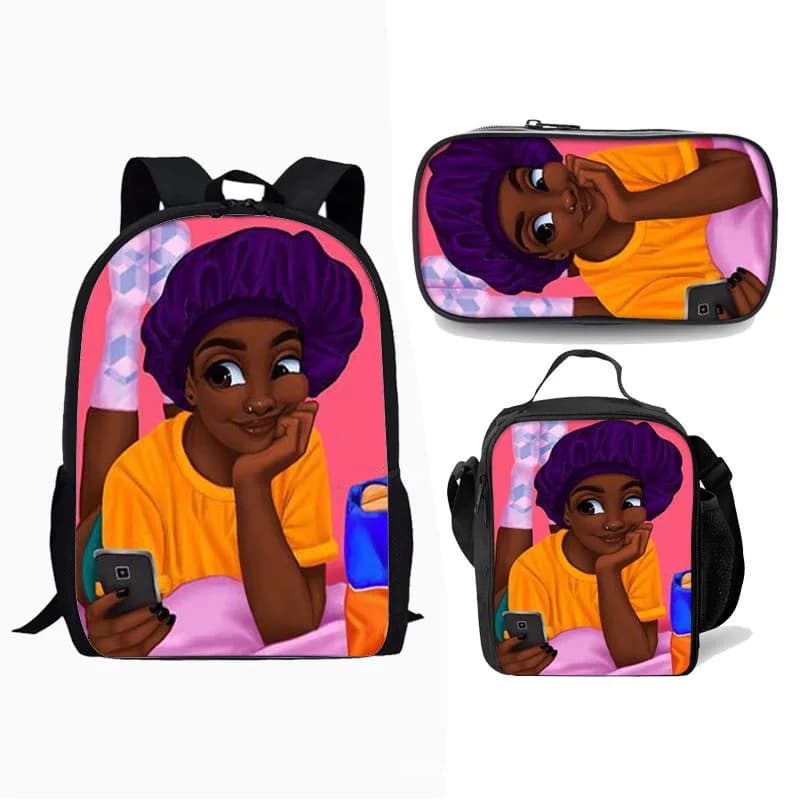 Hip Hop Popolare ragazza nera Ragazza africana Stampa 3D 3 pezzi / set Borse da scuola per alunni Zaino per laptop Zaino Borsa per il pranzo Astuccio