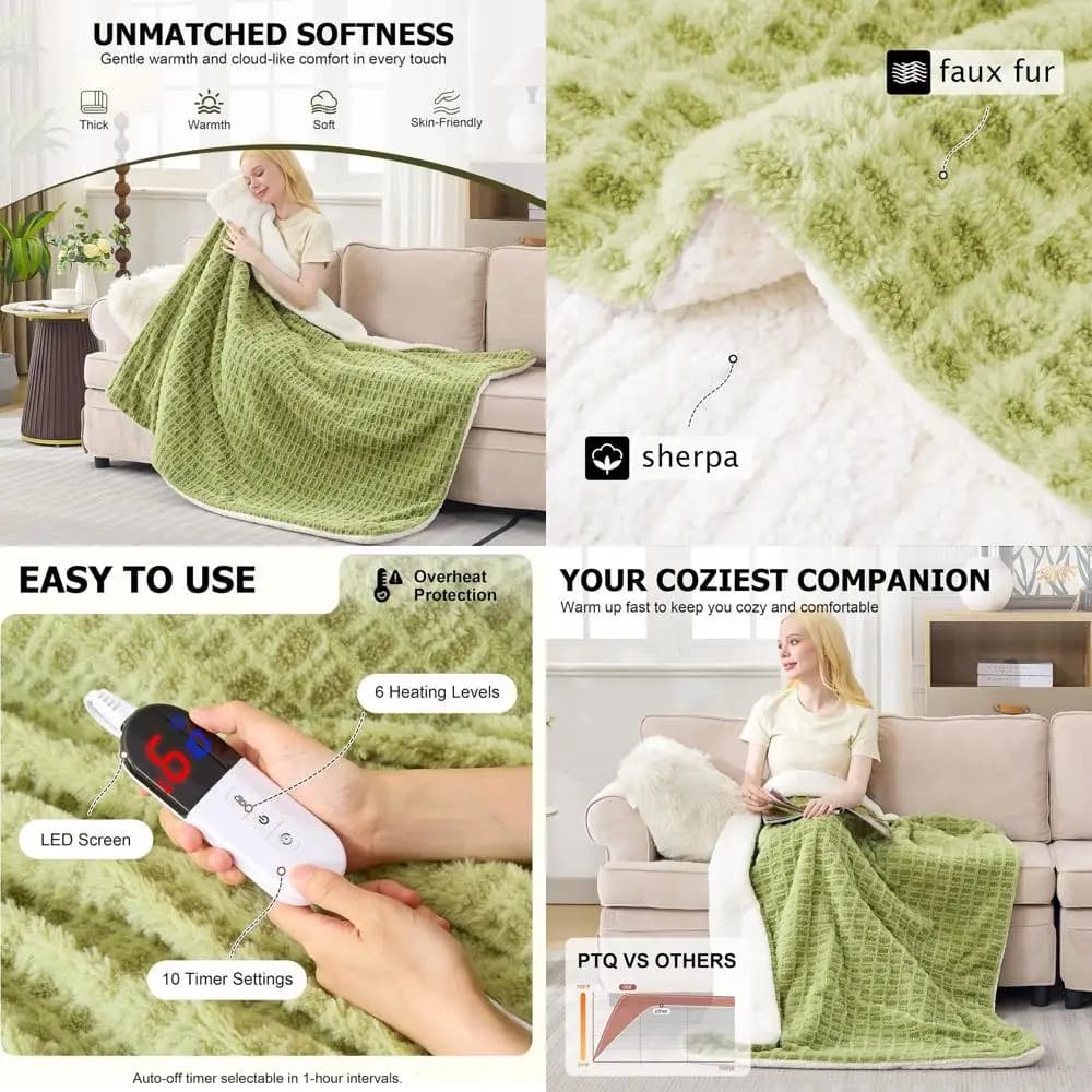 Coperta riscaldata elettrica a 6 livelli con 10 timer, certificata ETL, morbida pelliccia sintetica, riscaldamento rapido, lavabile, regalo perfetto (62x84, verde