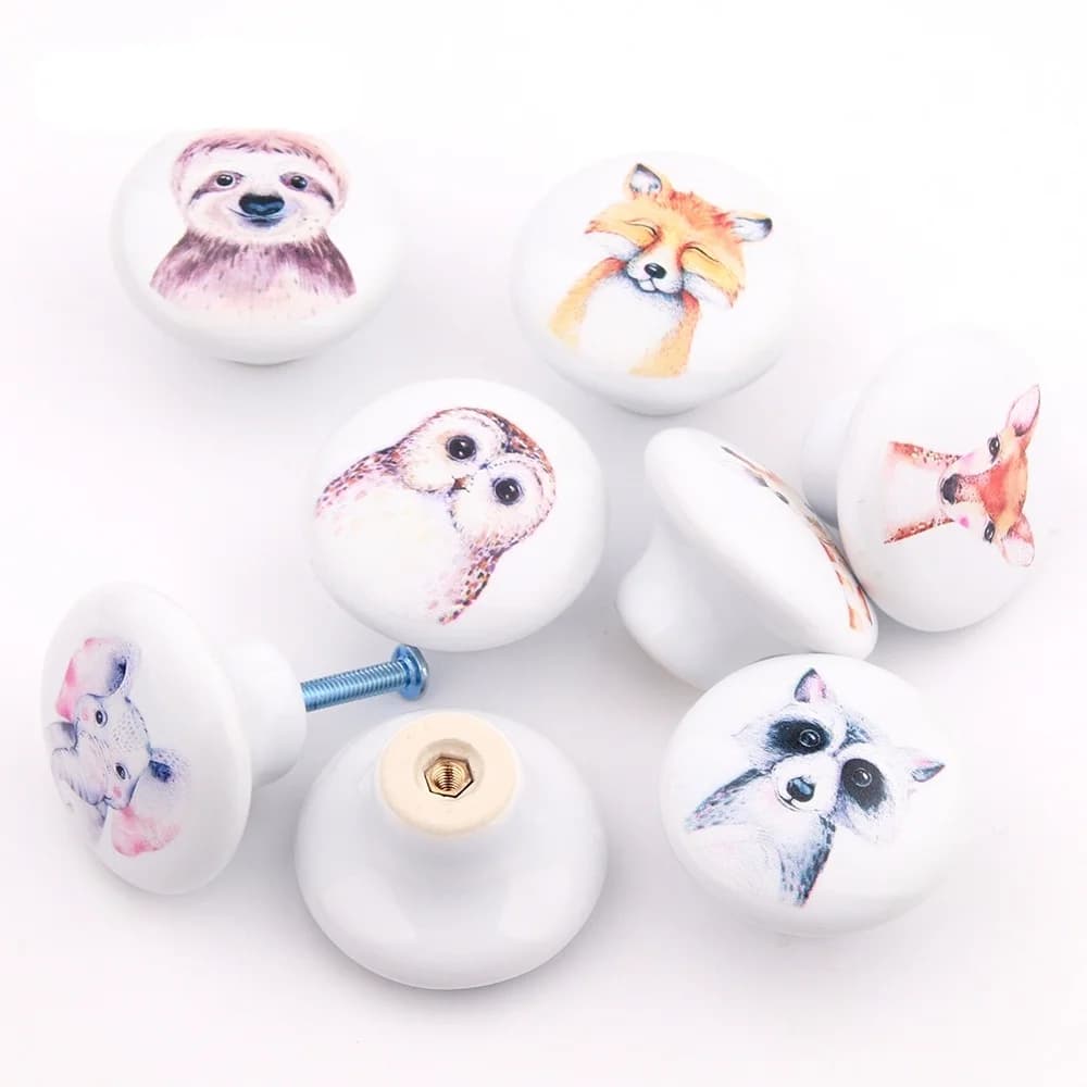 Maniglia a forma rotonda con maniglia a forma di fiore, pomello in ceramica, 38 mm x 26 mm, cartoni animati nordici, animali in ceramica, carino, gancio per cassetto dell'armadio per mobili