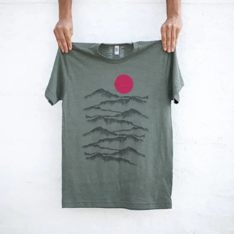 Badlands National Park Men's T Shirt in Sage Green Hand printed Desert Mountain Sunset Wanderlust Birthday for Him