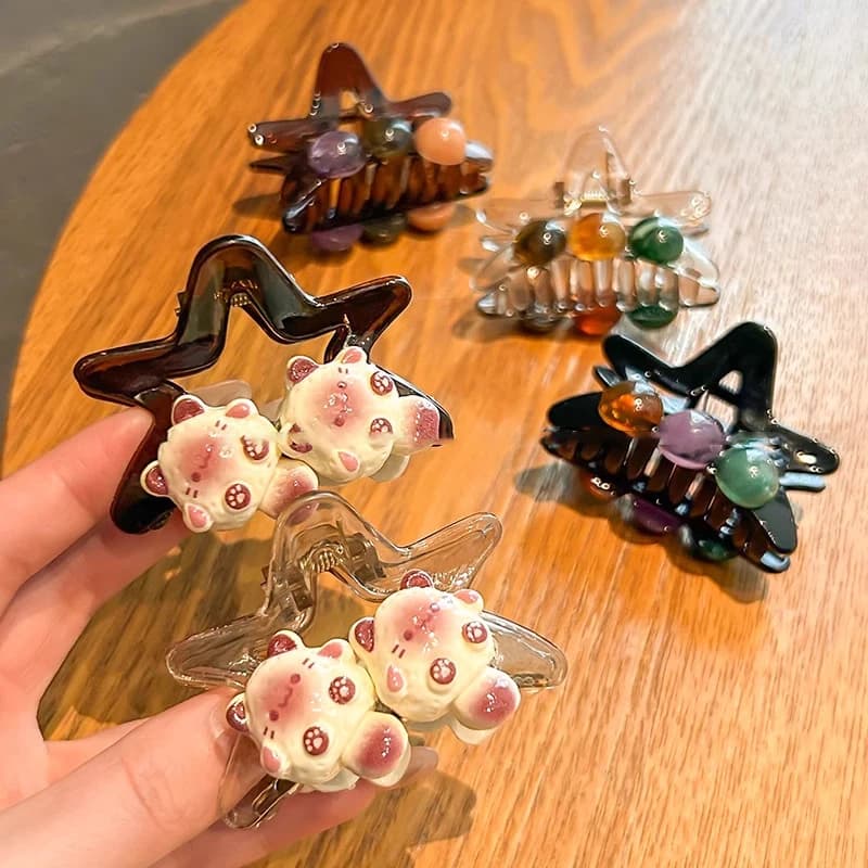 2PCS Star Hair Claw Clips Y2K Star Cartoon Cat Designs Headwear Long Curly Straight Hair Ponytail Holder Summer Hairpins〔CC55〕