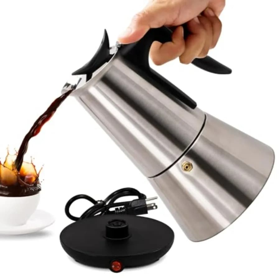 Caffettiera Moka Elettrica in Acciaio Inox, 6 Tazze 300ml, Macchina per Espresso con Base Staccabile, Ideale per Casa, Stile Italiano
