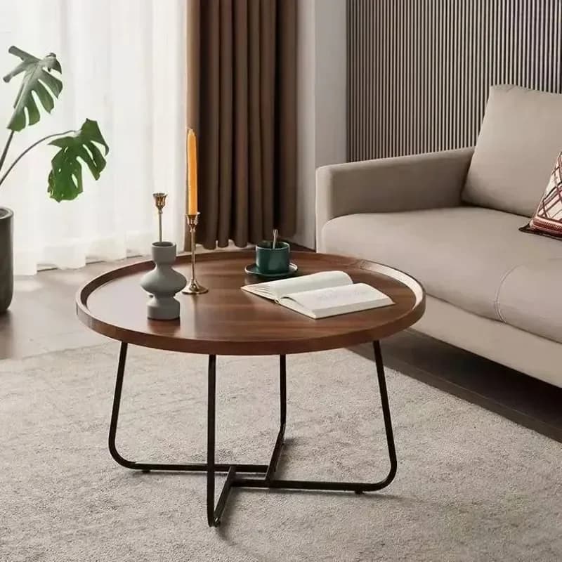Tavolino da salotto rotondo Set tavolino laterale per divano in legno massello 2 in 1 con gambe triangolari