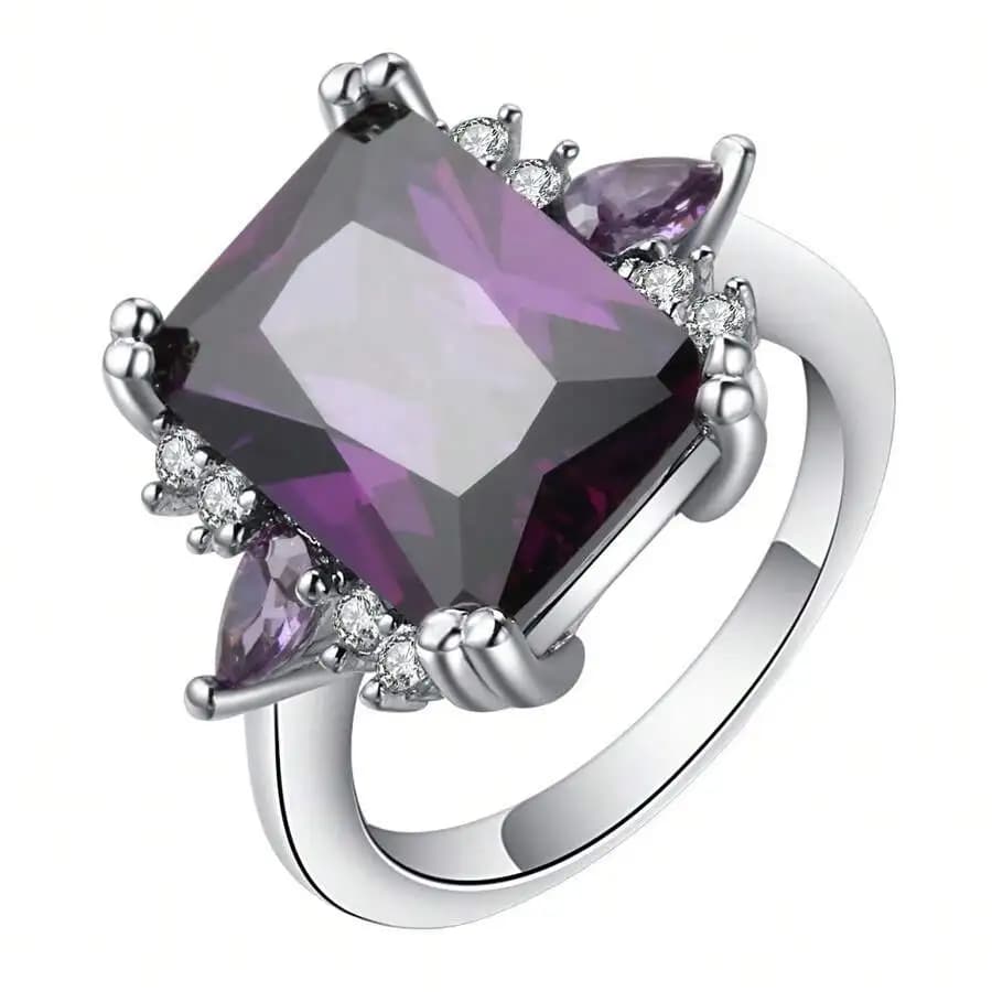 Anello da cocktail viola con zirconi geometrici quadrati per donna, per tutti i giorni, casual, per feste e matrimoni