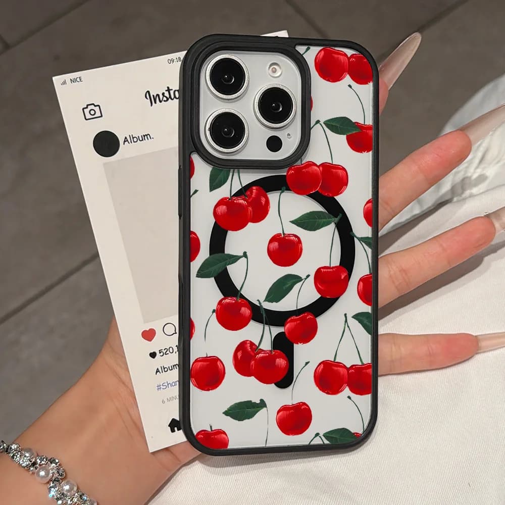 Red Cherries Pattern Fashion Magnetic Phone Case For iPhone 17 16 15 14 13 12 11 18 Pro Max Anti Drop Cover