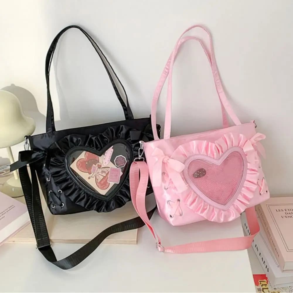 Borsa a tracolla trasparente in PVC con cuore creativo e laccetti, in PU, stile anime, per uomo, con porta badge e nastro decorativo