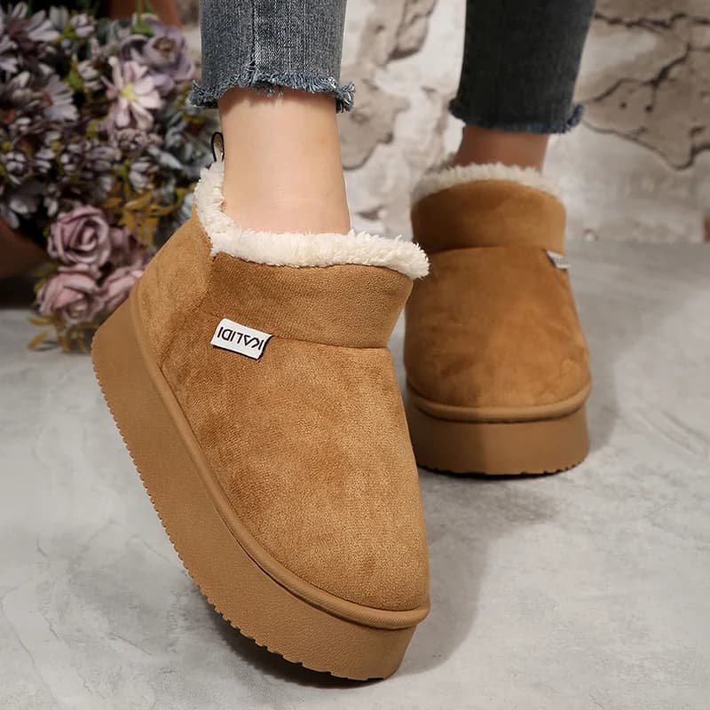 Stivali da neve con plateau con fodera in pile caldo per donna Stivaletti invernali con suola spessa antiscivolo Scarpe da donna in cotone per interni con tacco piatto