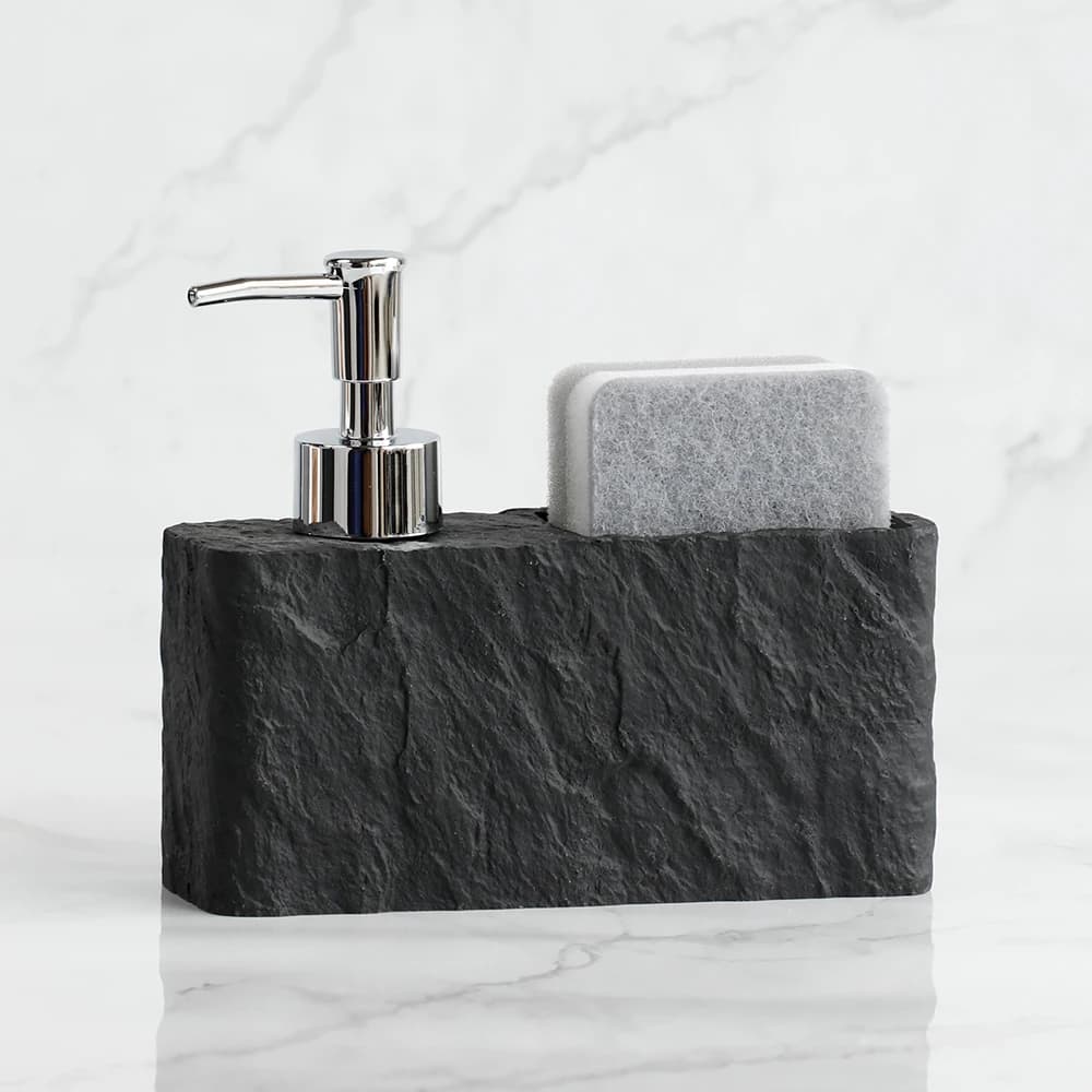 Dispenser di sapone con spugna Lavello da cucina e dispenser di sapone da bagno Dispenser di sapone liquido per mani e piatti imitazione roccia nera