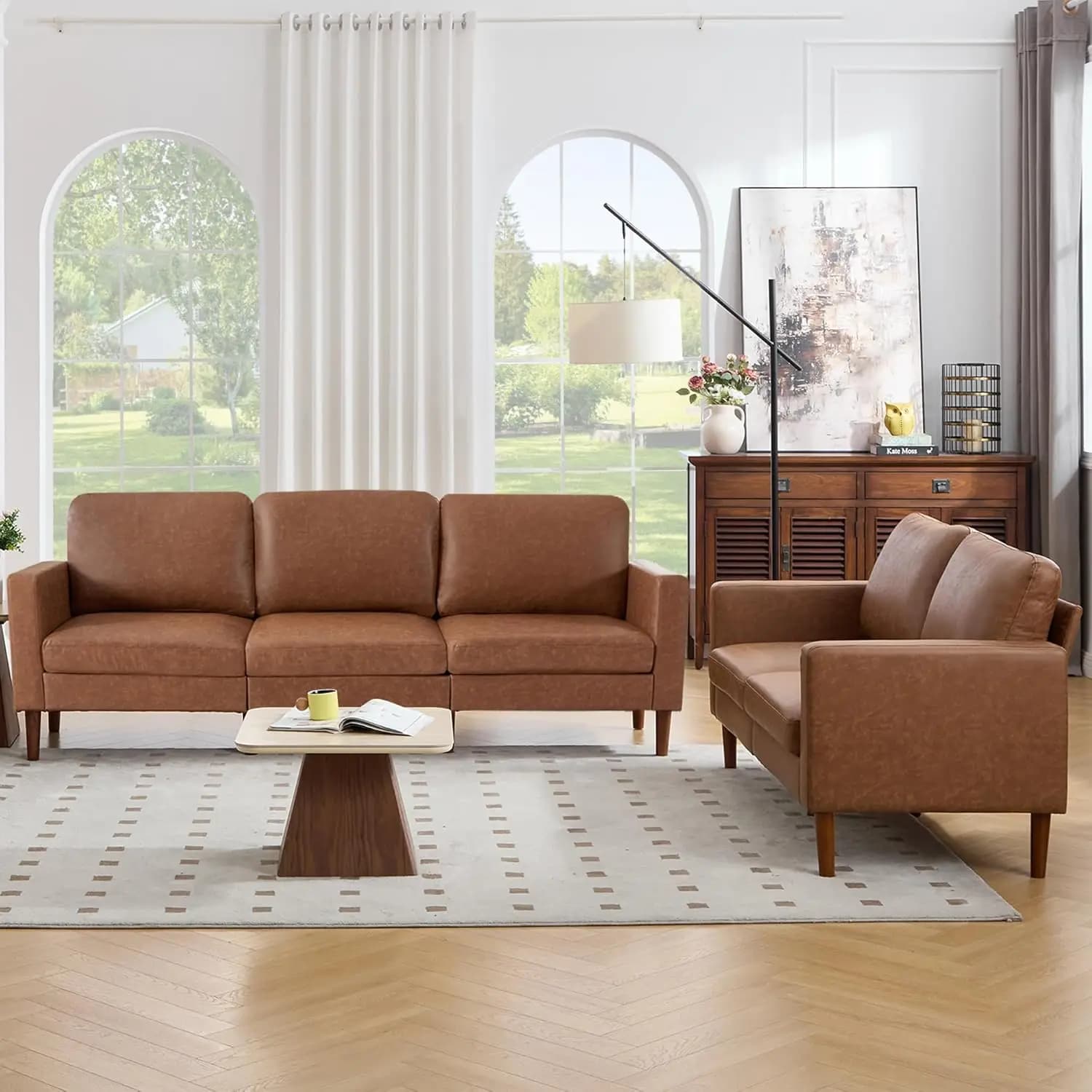 Set Divano e Poltrona in Ecopelle Stile Mid-Century Moderno con Gambe in Legno Massello per Soggiorno e Camera da Letto Personalizzabile