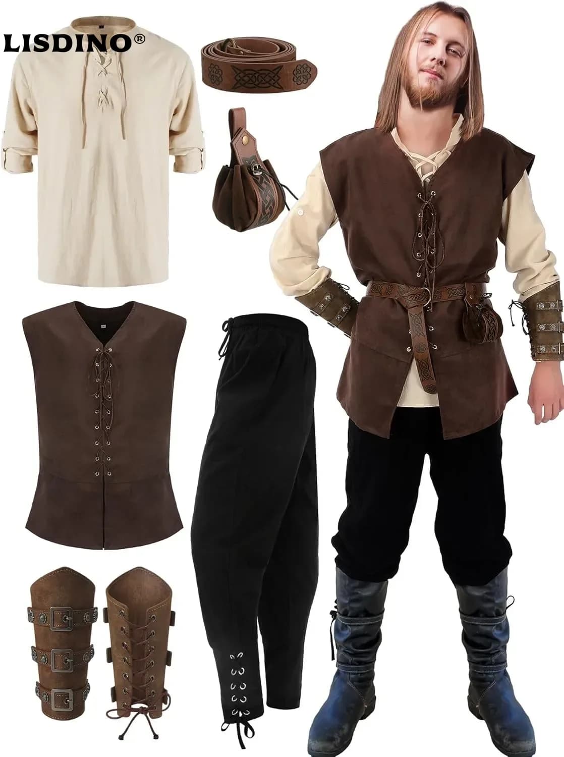 6 piece men's renaissance Halloween costume set, medieval vest, shirt, trousers with ankle band, Viking belt, arm case